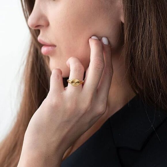 Gold Signet Ring,18K Gold Plated Sun Ring, Gold Sunburst Ring Vintage Statement - Picture 5 of 6